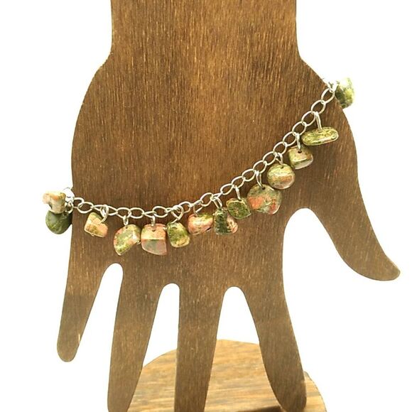 Artisan Unakite Jasper Bracelet Green Pink Stone Beads Silver Chain Toggle Clasp - Picture 8 of 13